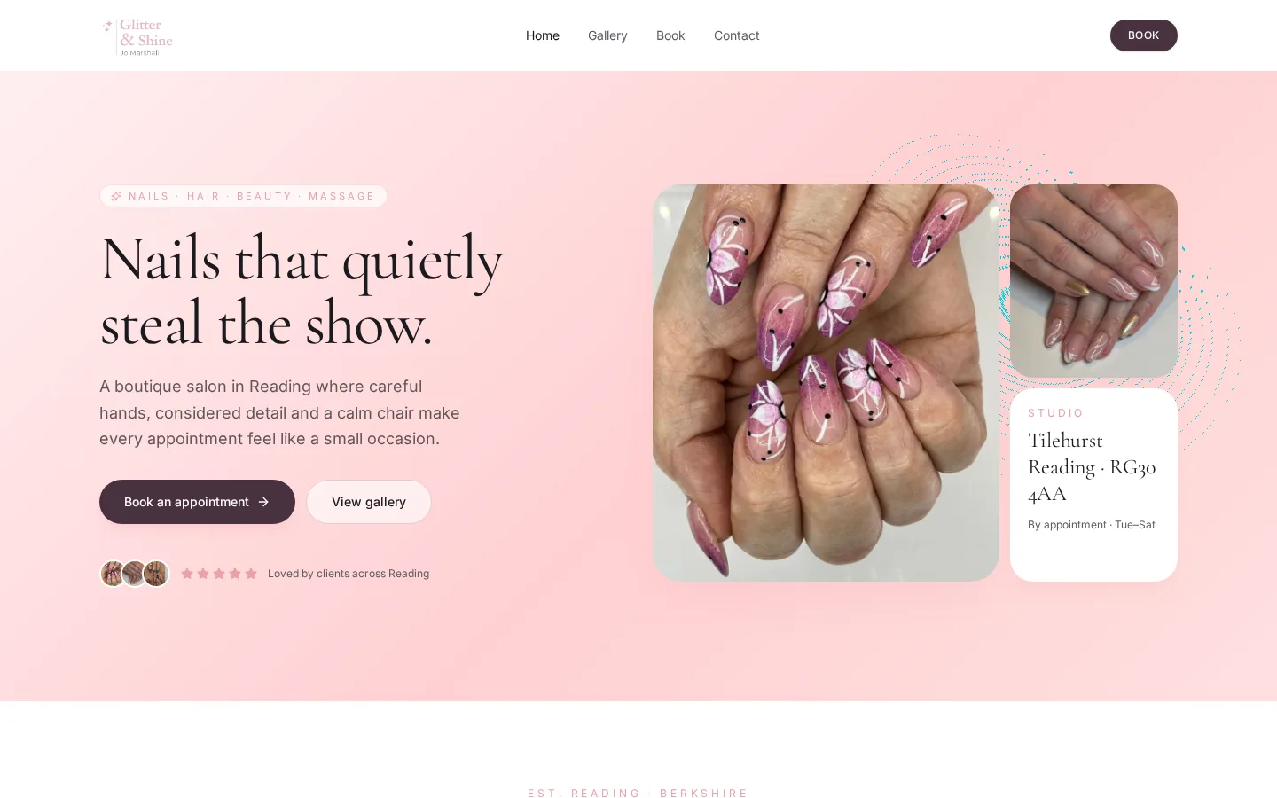 Glitter and Shine website, home page on desktop