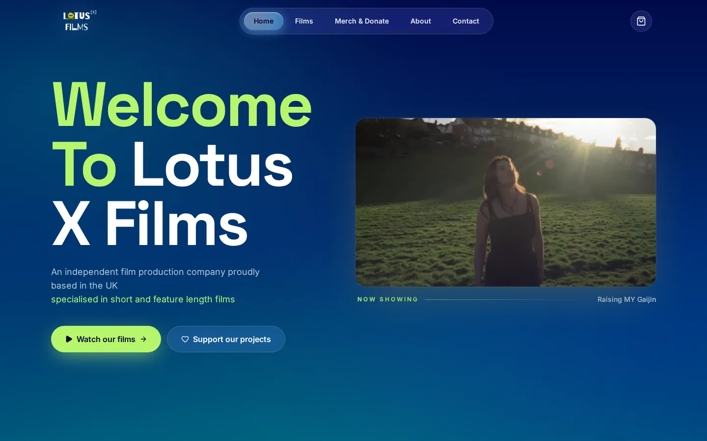 Lotus X Films website, home page on desktop